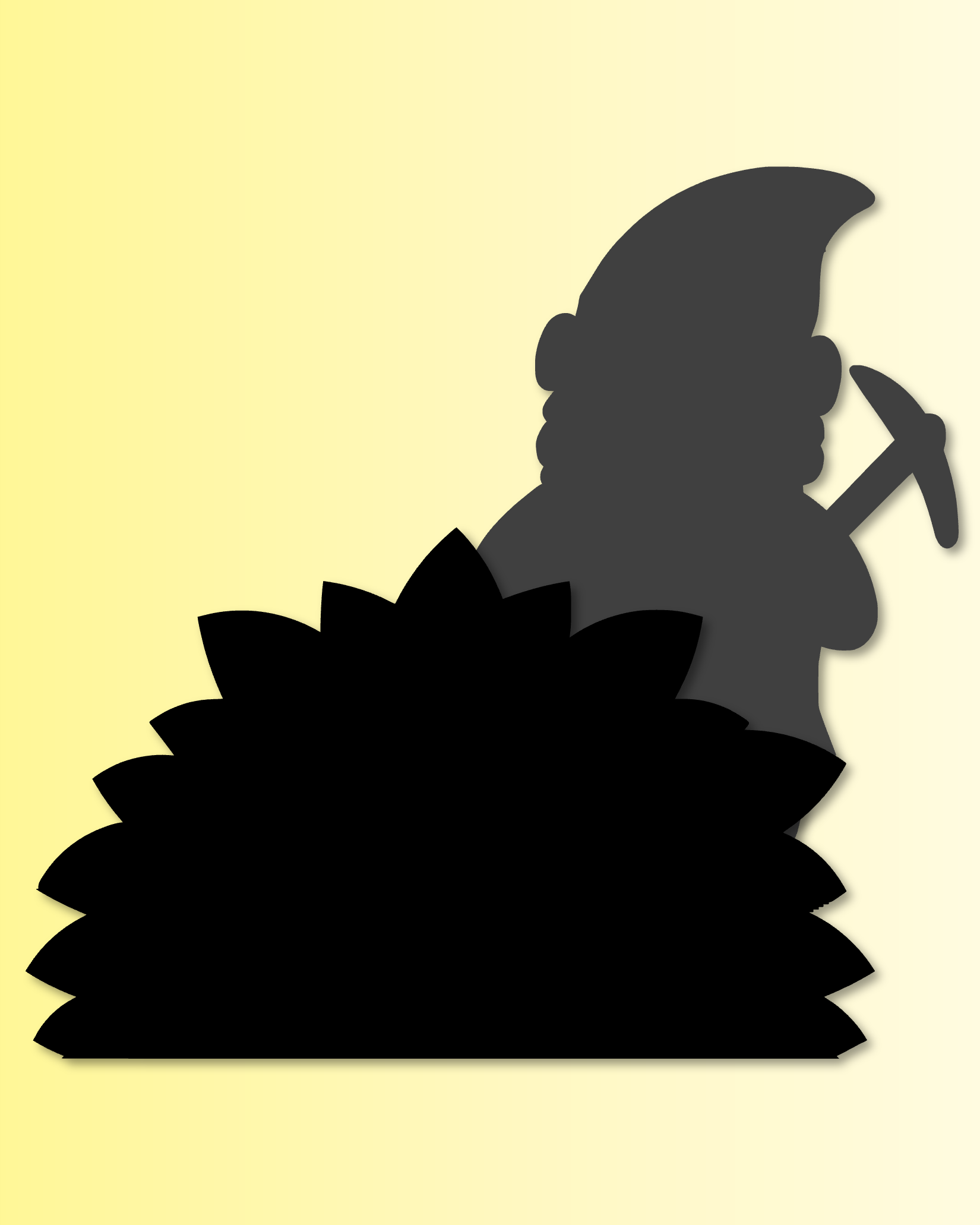 Žlutý obrázek znázorňující trpaslíka schovávajícího za keřem. Obrázek odkazuje na stezku Trpasličí schovka