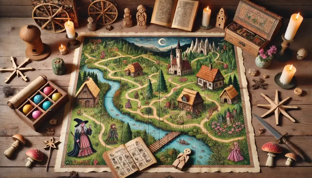 Pohádkové téma, rozložená mapa na stole, kolem dřevěné figurky a různé předměty